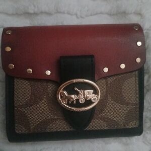 NWOT Coach Red Black Brown Wallet Gold Accents Horse & Carriage Coach Logo